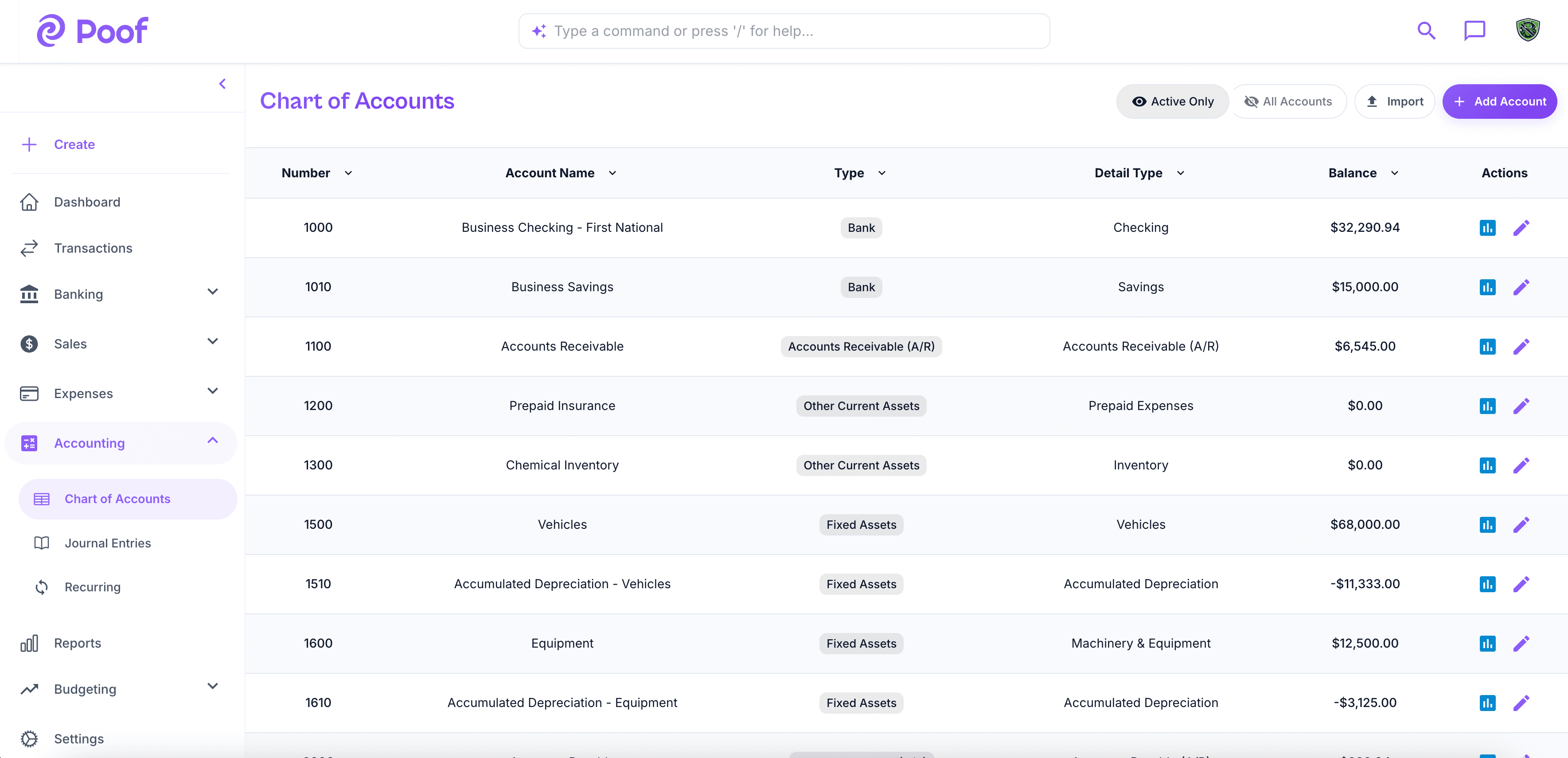 Chart of accounts setup