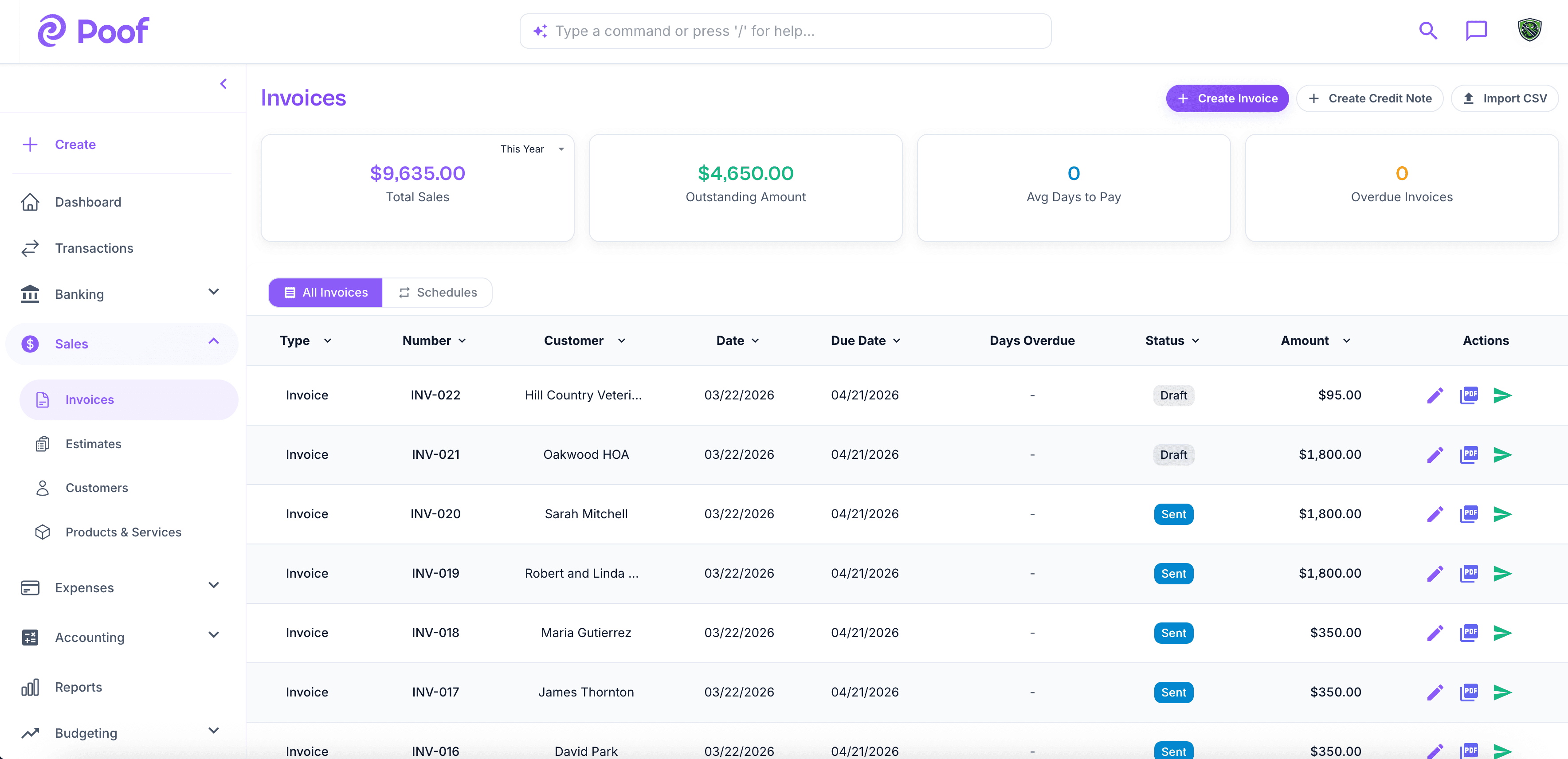 Invoice management with status tracking