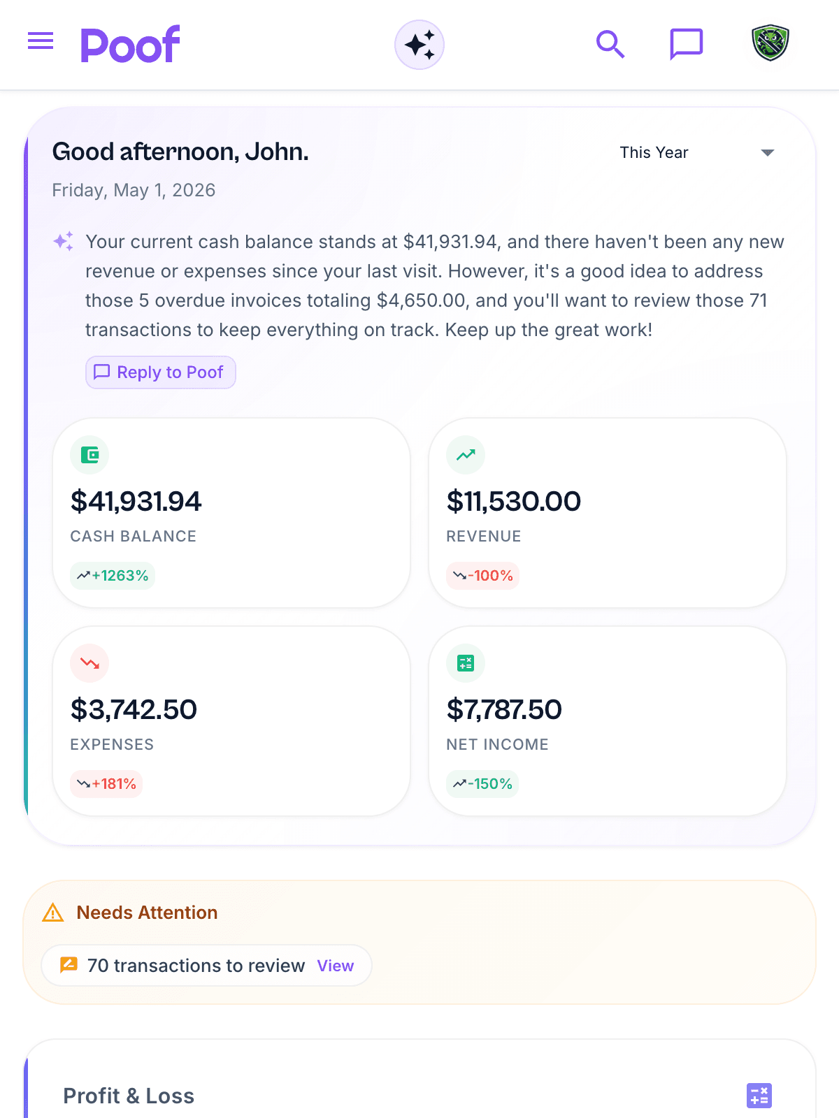 Poof dashboard overview