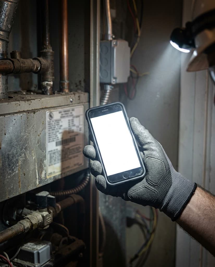 A technician's gloved hand holding a phone with a blank screen in a mechanical closet, headlamp lighting the furnace nameplate