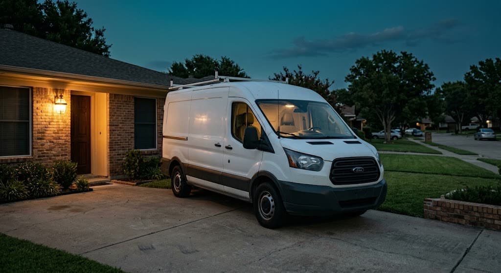 A plain white service van parked in a suburban driveway at dusk, porch light and dome light on